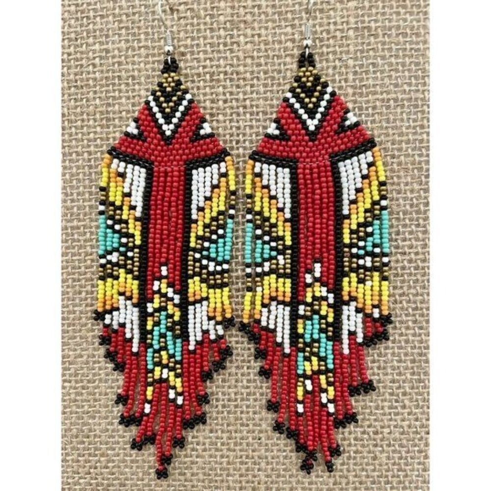Handmade Miyuki Seed-Bead Fringe Dangling Earrings Western Style Red NWT - Picture 6 of 9